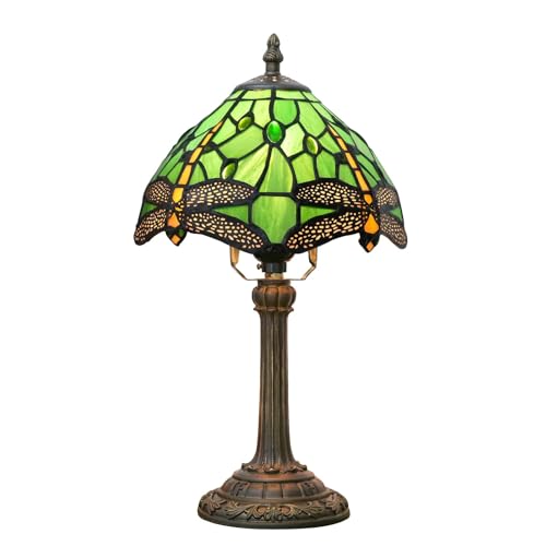 wecrejoni Tiffany Lamp Green Dragonfly Stained Glass Table Lamp 8X8X14 Inches Green Dragonfly Style Desk Reading Light Decor Beside Bedroom Living Room Home (H1057-Green Dragonfly)