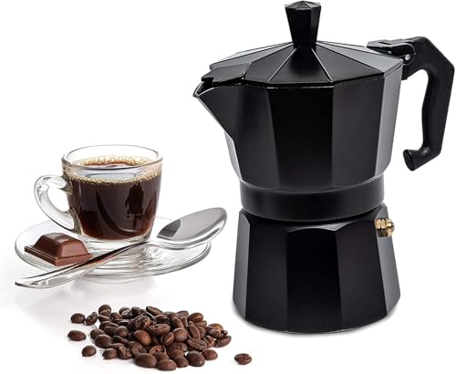 Image of Premium Aluminum Stovetop Espresso Maker Moka Pot Coffee Percolator with Heat Resistant Handle for Home Kitchen Use in Multicolour (can make 2 cups) (BLACK, 20D x 10W x 11H Centimeters)
