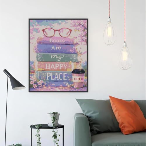 Image of MYBISYMQQ Stack of Books Stamped Cross Stitch Kit, Embroidery 11.8x15.7in | Books & Flower Embroidery Starter Kit for Adult Beginners,Printed Embroidery Kit Art Craft for Home Wall Decor