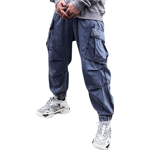 Men's Tech Hip Hop Sweatpants Japanese High Street Multi-Pocket Jeans Mens Baggy Drawstring Tapered Cargo Pants