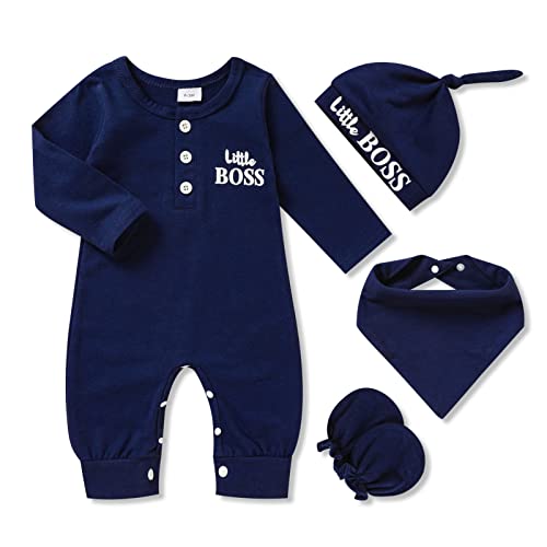 Image of GRNSHTS Newborn Baby Boy Romper Coming Home Outfits Letter Print Bodysuit Jumpsuit+Hat+Gloves 3PCS Clothes Set