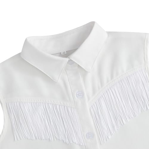 Girls Fringe Shirt Sleeveless Button Down Western Cowgirl Tassel Trim Casual Blouse Shirt Top 4-13Y3