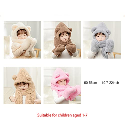 Winter Faux Fur Hood Hat Scarf and Gloves for Kids, 3 in 1 Lamb Wool Hooded Scarf for Girls and Boys 1-7 Years Old2