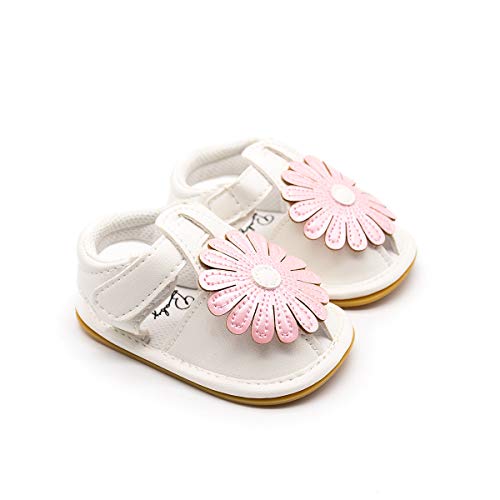 HONEY$HOMEY Baby Girls Sneaker Shoes Ultra-Soft Sunflower Decor RubberÂ Sole Infant Crib Sandals (6-12 Months, White-Pink)