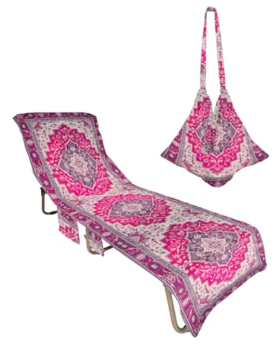 Pink Geometric Beach Lounge Chair Towel Cover, Soft Chaise Lounge Towel with Side Pockets Patio Pool Chairs Cover for Beach/Pool Sunbathing 29x85 Middle Century Boho Ethnic Abstract Southwestern