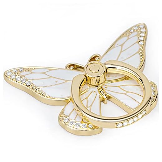Cell Phone Ring Holder Stand Butterfly, 360°Rotation Metal Finger Ring Phone Kickstand, Compatible with iPhone, Samsung Galaxy, and Smartphone (Gold White Clear)