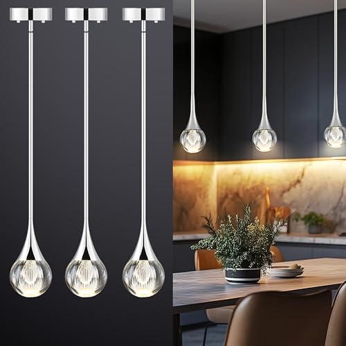 EANLOLY 3-Light Crystal Pendant Light - Elegant LED Chandeliers Ceiling Fixture for Kitchen Islands, Dining Rooms, Bedroom, and Bar - Adjustable Height Raindrop Light, Silver Finish