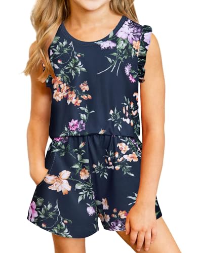 Girls Kids Fashion Flowers Print Summer Jumpsuits Rompers Size 6 7 Ruffle Sleeve One Piece Romper Shorts for Kids