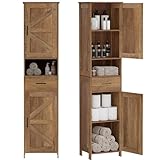 Homhedy 67' H Tall Bathroom Storage Cabinet with 2 Barn Doors and 1 Drawer, Narrow Storage Unit, Adjustable Shelves, Floor Cabinet for Bathroom, Living Room, Entryway, Kitchen, Rustic Walnut, (15.7'W)
