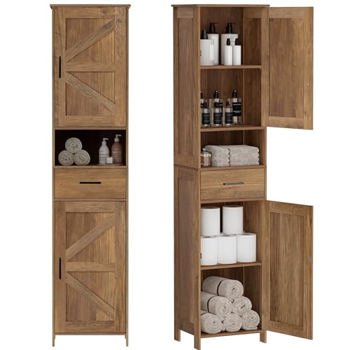 Homhedy 67' H Tall Bathroom Storage Cabinet with 2 Barn Doors and 1 Drawer, Narrow...