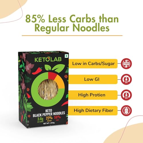 Image of Ketolab Keto Pepper Noodles Spaghetti, 200 Gms (Pack of 2), 3.8g Net Carb & 23% High Protein /Serving, Identical to Regular Noodles, Low Carb, High Fibre, Low GI, Keto Diet, Diabetic Friendly