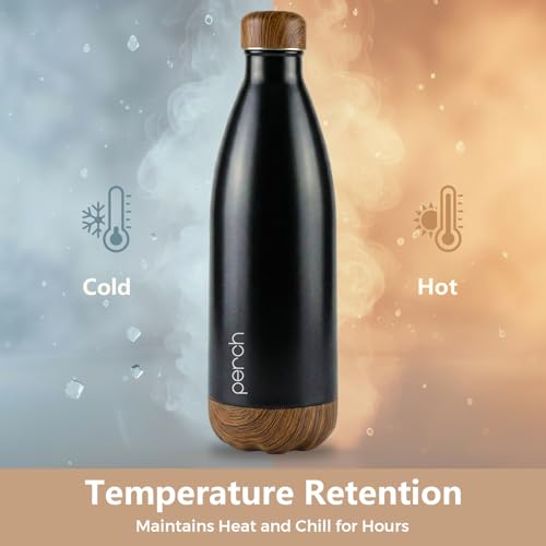 Image of Perch Retro Stainless Steel Water Bottle 980 ml | Hot & Cold Flask | Vacuum Insulated | ISI Certified | Leak Proof | BPA Free | for Office, School, Gym, Home & Travel | Wooden Black | Crafted by Pexpo