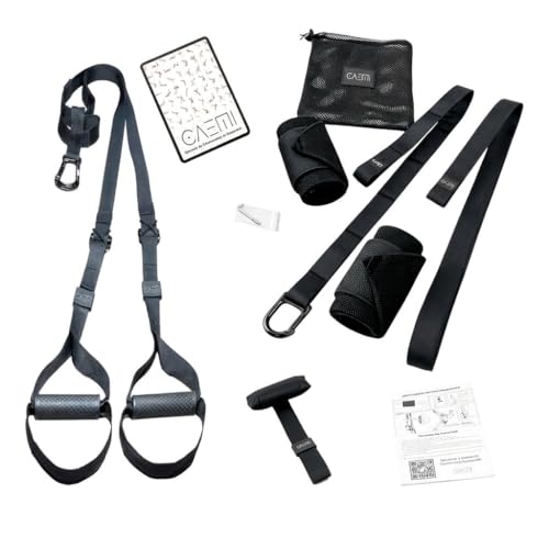 CAEMI Correas de entrenamiento en suspensión, Set con Anclaje Ajustable, Fitness en Casa Adecuado para Viajar y Entrenar en Interiores y Exteriores. Incluye muñequeras para mayor sujeción.