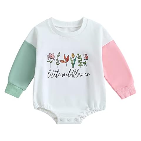 Muasaaluxi Newborn Baby Girl Fall Clothes Long Sleeve Crewneck Sweatshirt Romper Color Block Shirts Bodysuit Oversized Sweater (Little Wildflower, 6-12 Months) Cover
