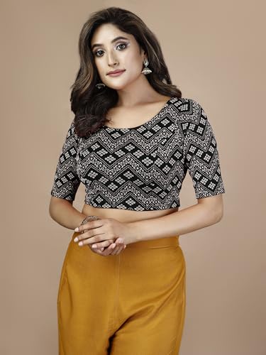 Oomph Stretchable Readymade Blouse For Women, Black, Round Neck-Rbbl557Xl