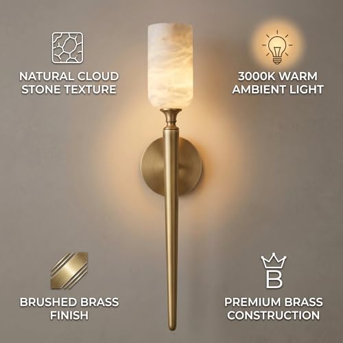 Image of Alabaster Wall Sconces Set of Two, 22in Modern Spanish Natural Marble Bathroom Vanity Sconces, Brass Alabaster Sconce Wall Lighting, Gold Wall Light Fixtures Decor for Bedroom Living Room Staircases
