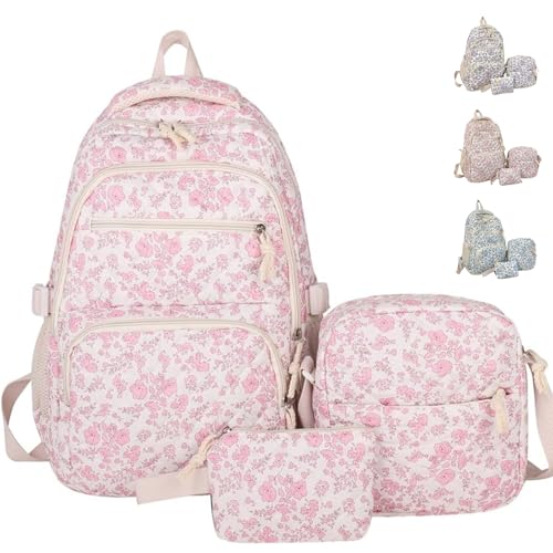 3Pack Coquette Quilted Backpack for Women, Cute Floral Nylon Rucksack Large Capacity with Small Lunch Bag (pink)