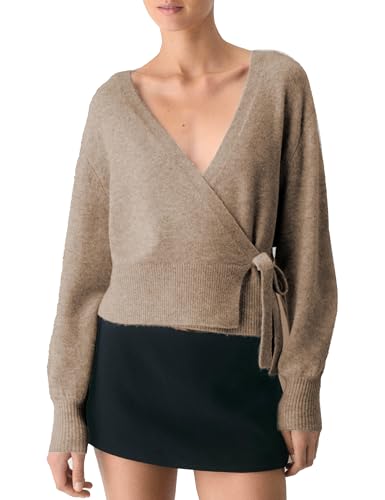 Wrap Sweater for Women Casual V Neck Long Sleeve Pullovers Lightweight Drop Shoulder Knitted Tops