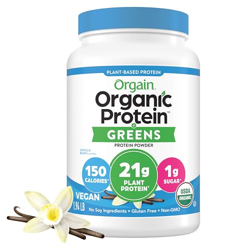Orgain Organic Vegan Protein Powder + Greens, Vanilla Bean - 21g Plant Based Protein, Gluten Free, Dairy Free, Lactose Free, Soy Free, No Sugar Added, With Iron & Prebiotics for Gut Health - 1.94lb