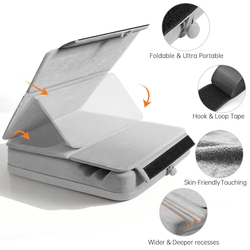 Image of Tablet Pillow Stand with Storage, Foldable iPad Holder for Lep, Bed, Sofa, and Desk - Soft Pad Dock with Pocket and Stylus Mount Compatible with 4-13 inch iPad Pro /Air /Mini, Galaxy Tab, Kindle