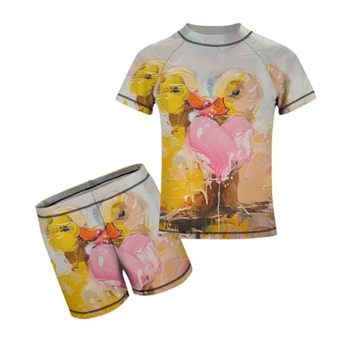 Yellow Ducks and Pink HeartChildren's Casual Swimsuit Set - Simple and Versatile7-9Y（120cm）