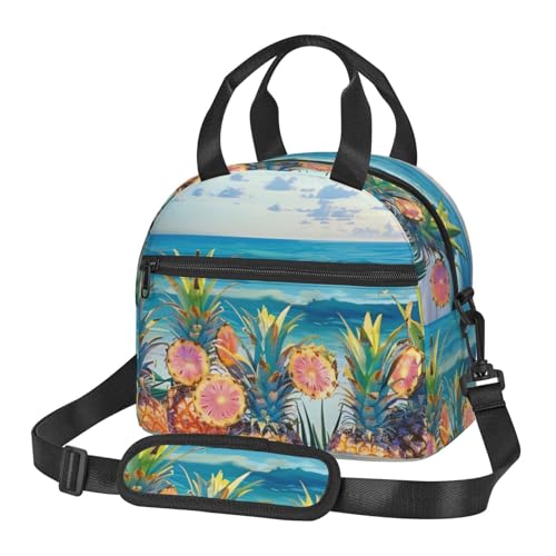 断熱ランチバッグ 海 ビーチ パイナップルプリント メンズ レディース 再利用可能 保温クーラー ランチトートバッグ 仕事 ピクニック 旅行 ビーチ 釣り