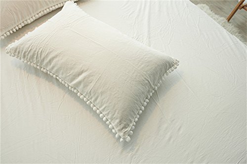 Pom Poms Pillow Shams Pillowcases Ivory Queen Size Covers Off White Cotton Pack of 2