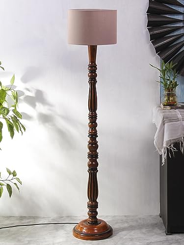 Image of Cotton Shade Floor Lamp with Wooden Base - Height 56 Inches, Grey | Modern Standing Lamp for Living Room, Bedroom, Office | Stylish & Decorative Home Lighting | Elegant Decor