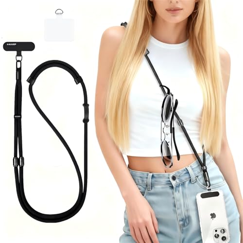 AULEEP 3-in-1 Cell Phone Lanyard with 2 Phone Tabs, Adjustable Anti Theft Phone Wrist Strap/Crossbody Strap/Neck Lanyard, Compatible with Most Smartphones, Hands-Free Work/Travel Essentials, Black