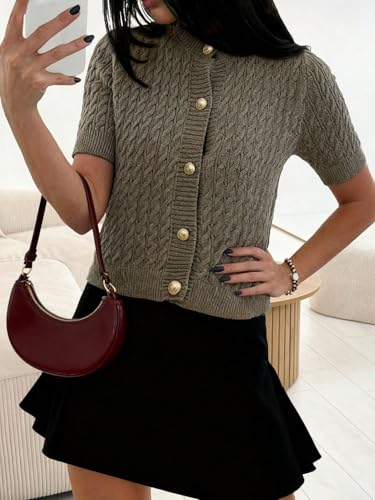 Verdusa Women's Short Sleeve Sweater Button Up Lightweight Pullovers Cable Knit Tops - Image 6