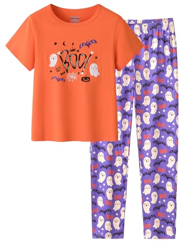 CYCHELRY Big Girls Pajamas Lovely 2PCS Soft Cartoon Short Sleeve with Pants Sleepwear Teens PJS Clothes Size 6-16