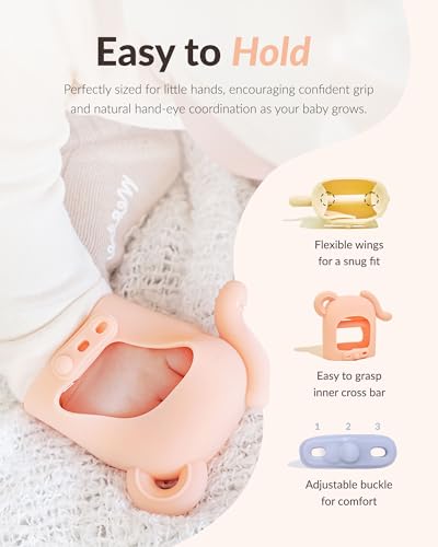 Image of Moyuum Silicone Elephant Grip Hand Teether Toy | Made in Korea, Provides Teething Relief, Wearable Teether is Easy to Hold, Drop Resistant with Adjustable Wrist Strap, Babies 3+ Months, Blue