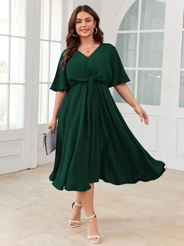 Image of SCOMCHIC Women Plus Size Midi Dresses Wedding Guest Short Sleeve V Neck Tie Waist Casual Summer Flowy A Line Dress