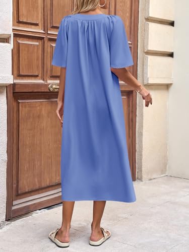 Image of Wenrine Womens Flutter Short Sleeve Maxi Dress Casual V Neck Side Slit Pleated Loose Flowy Summer Dresses