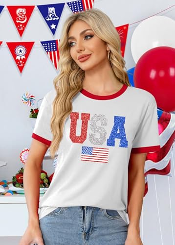Image of Ithalt Women 4th of July Shirt Fourth of July Shirts USA Sequin Tshirt American Patriotic T-Shirt Stripes Tee Tops
