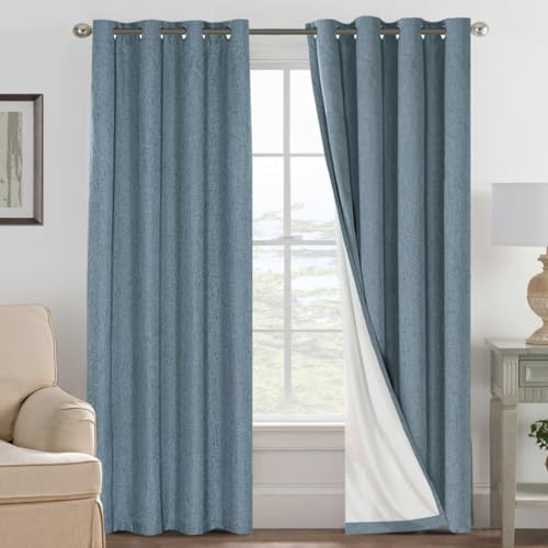 Image of H.VERSAILTEX Linen Blackout Curtains 96 Inches Long 100% Blackout Thermal Insulated Textured Linen Look Curtain Draperies Anti-Rust Grommet, Energy Saving with White Liner, 2 Panels, Stone Blue