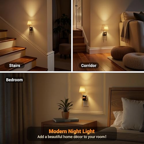 Image of JandCase Night Lights Plug into Wall, Vintage Nightlight with Dusk to Dawn Sensor, 0-100LM Dimmable, Pleated Fabric Beige Lamp for Living Room Bedroom Hallway