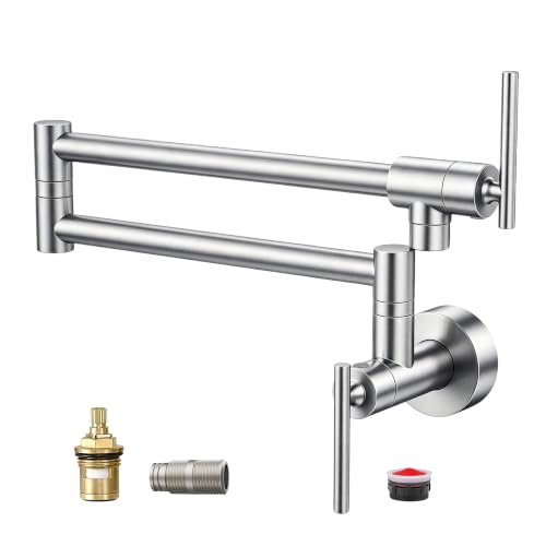 Image of Fransiton Brushed Nickel Pot Filler, Pot Filler Faucet Wall Mount, Brass Folding Stretchable with Double Joint Swing Arm Single Hole Two Handles Kitchen