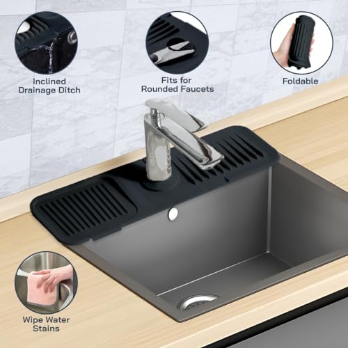 Image of Silicone Faucet Handle Drip Catcher Tray - Self-Draining Kitchen Sink Splash Guard with Adjustable Coil Opening - Sink Faucet Mat with Cleaning Towel (Black)