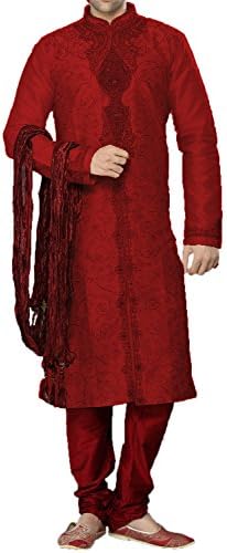 Three Piece Red Embroidered Poth Silk Sherwani (Customizable)