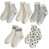 MarJunSep Cute Crew Socks for Women Teen Girls Striped Dots Ribbed Ankle Athlete Cotton Socks Fashion 5 Pairs Bulk Four Seasons Socks