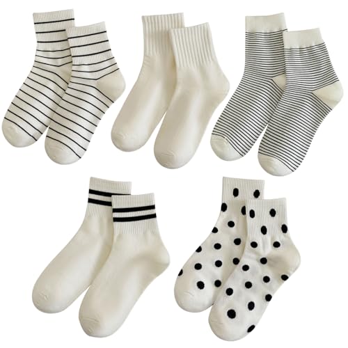 MarJunSep Cute Crew Socks for Women Teen Girls Striped Dots Ribbed Ankle Athlete Cotton Socks Fashion 5 Pairs Bulk Four Seasons Socks