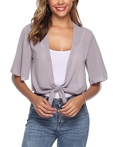 iClosam Women Half Sleeve Tie Front Chiffon Bolero Shrugs Open Front Cardigan (Grey, X-Large)