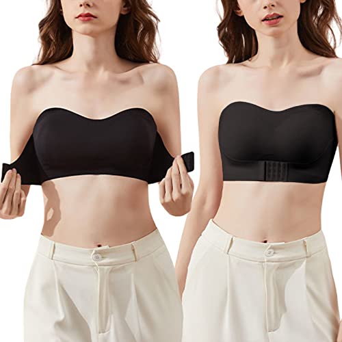 Women's Lingerie Strapless Front Buckle Lift Up Bra with Detachable Straps, Wire-Free Anti-Slip Invisible Push Up Bandeau Bra (Aida-Black-M)