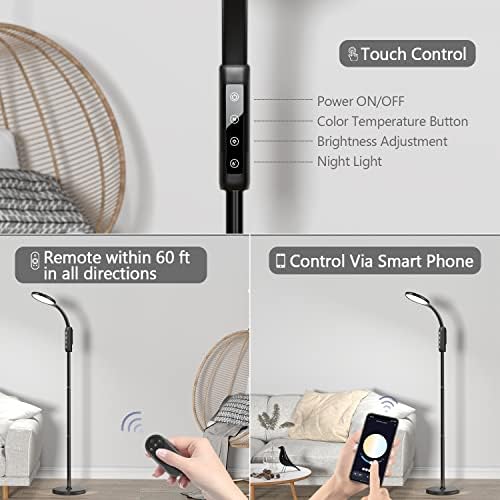 CRLL Floor Lamp for Living Room Rechargeable, Standing Lamps with Adjustable Height, LED Floor Lamps 2700K-6500K Colors & 5 Brightness Adjustment, Modern Floor Lamps with Remote & App Control