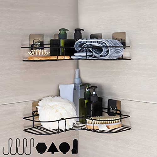 Acmind 2-Pack Corner Shower Caddy Shelf with Hooks, Wall Mounted Bathroom Shelf 12 Pack Adhesive, Storage Organizer for Laundry, Dorm and Kitchen, No Drilling, Only for 90 Degrees Right Angle (Black)
