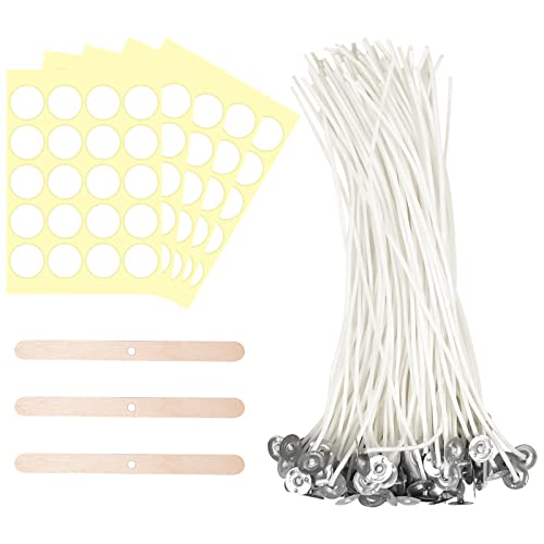 KYSUN 100 Pièces Mèches de Bougie 20 cm, 100 Pièces Mèches Autocollantes avec 3 Pièces Support de Mèches en Bois de Bougie pour Fabrication de Bougies Cover