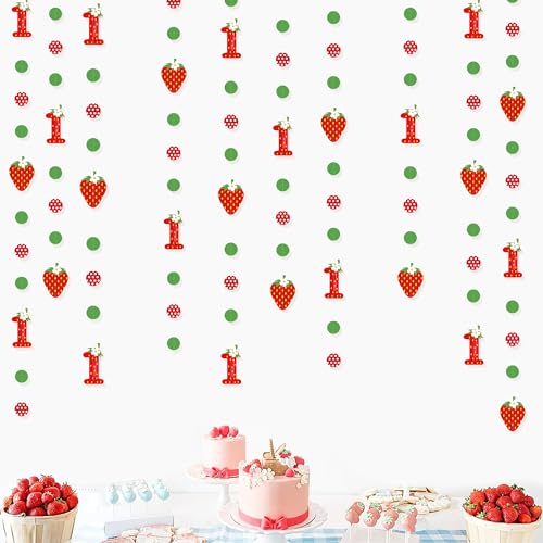 Image of pinkblume Strawberry 1st Birthday Party Decorations Sweet Strawberry Fruit Theme Circle Dot Garland One Berry First Birthday Polka Dots Streamer for Girl Happy 1st Year Decorations Supplies