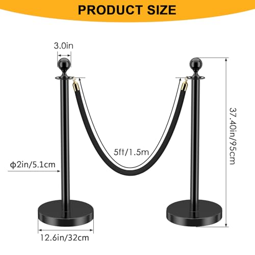 Image of LOVMOR 12Pcs Black Stanchion Posts Queue with 8pcs Black Velvet Rope, Crowd Control Barriers Queue Line Rope, Crowd Control Stanchion for Party Supplies
