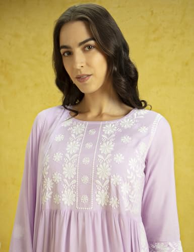 Image of Kaari Women's Chikankari Kurta Set with Dupatta -Fit & Flare Fit | Chiffon Dupatta with Embroidered Band | Straight Pant with Side Pocket | Kurta Set For Women